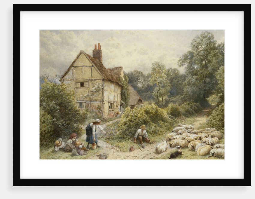 Fowl House Farm, Witley, with Children, a Shepherd and a Flock of Sheep Nearby by Myles Birket Foster