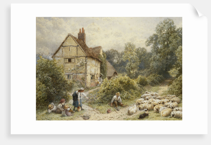 Fowl House Farm, Witley, with Children, a Shepherd and a Flock of Sheep Nearby by Myles Birket Foster