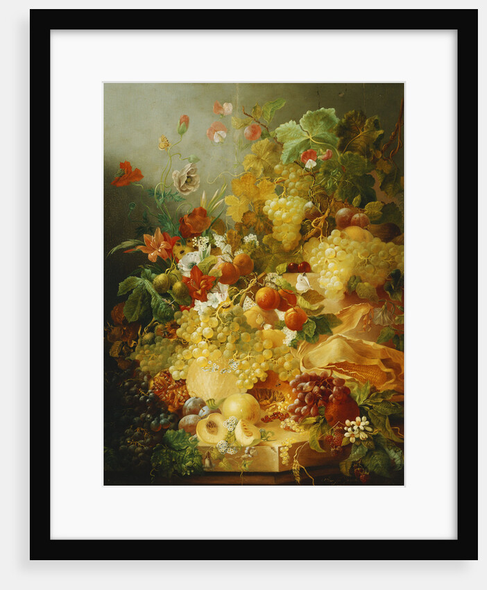 Peaches, Melons and Grapes with Sweet Peas and Poppies on a Stone Ledge by Jan van der Waarden