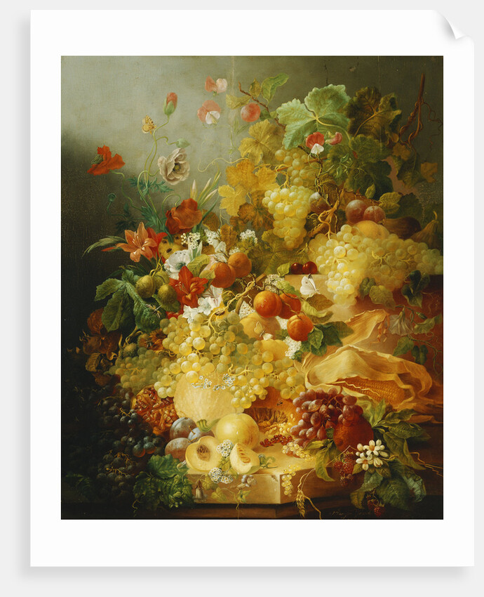 Peaches, Melons and Grapes with Sweet Peas and Poppies on a Stone Ledge by Jan van der Waarden