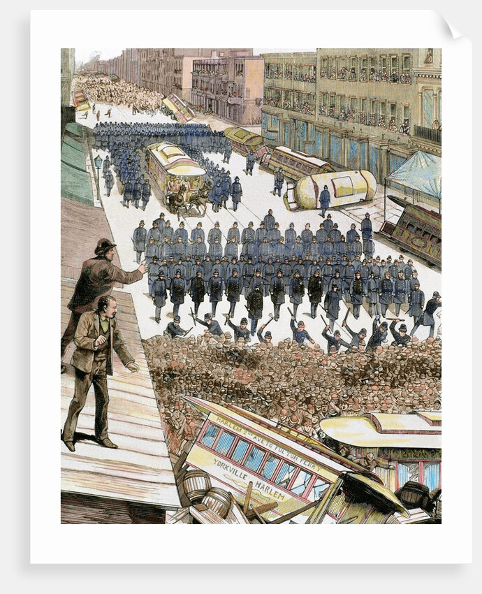 Police officers dispersing the strike of employees of Streetcar in New York, March 4, 1886. Colored by Anonymous