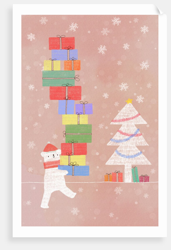 Illustration of santa bear holding a pile of presents by Anonymous