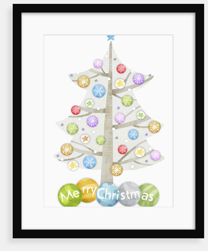 Illustration of Christmas tree and merry Christmas sign by Anonymous