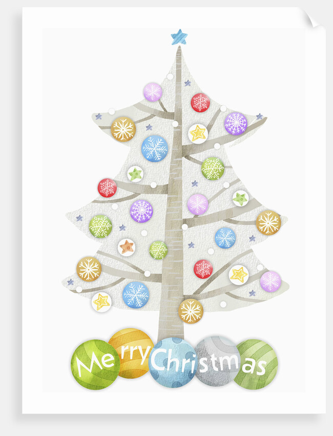 Illustration of Christmas tree and merry Christmas sign by Anonymous