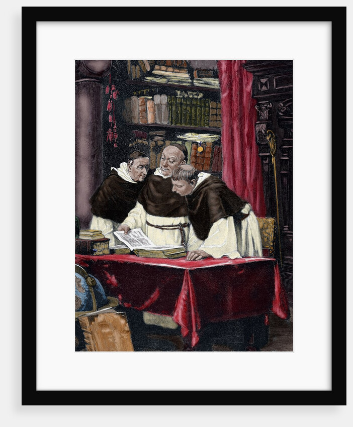 Monks reading a copy of the Gutenberg Bible by Anonymous