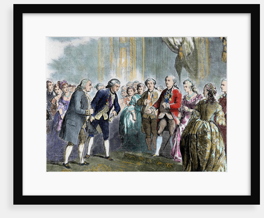 Franklin, Benjamin (1706-1790). Statesman and scientist. Franklin at Louis XVI and Marie Antoinette by Anonymous