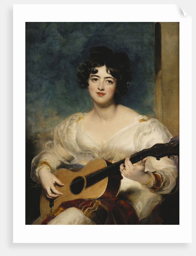 Portrait of Lady Wallscourt, Seated half length, Wearing a White Dress, and a Striped Scarf Across Her Knees, Playing a Guitar by Sir Thomas Lawrence