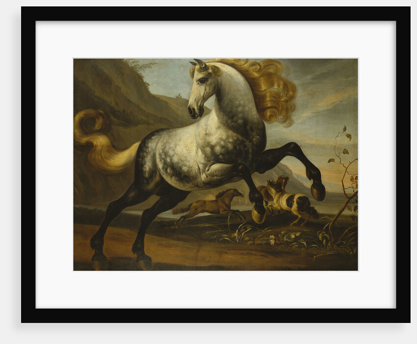 A Grey Prancing Stallion with Flowing Mane with Stallions Fighting in a Rocky Landscape by Anonymous