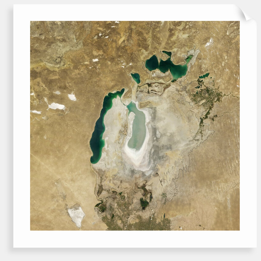 Satellite view of the Aral Sea in 2008, with the 1960 shoreline super-imposed by Anonymous