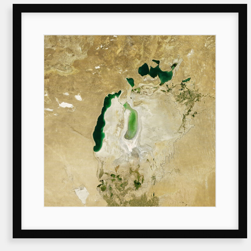 Satellite view of the Aral Sea in 2011, with the 1960 shoreline super-imposed by Anonymous