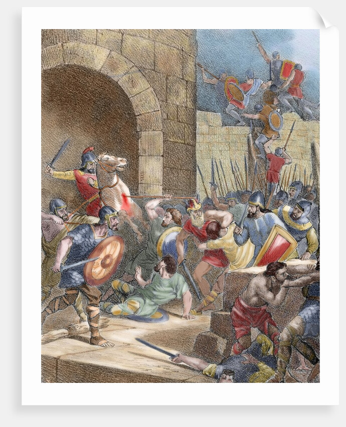 King Wamba (d.687) at the siege of Nimes (673). Colored engraving by Anonymous