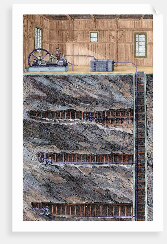 Mining. Coal mine with several floors. Colored engraving by Anonymous
