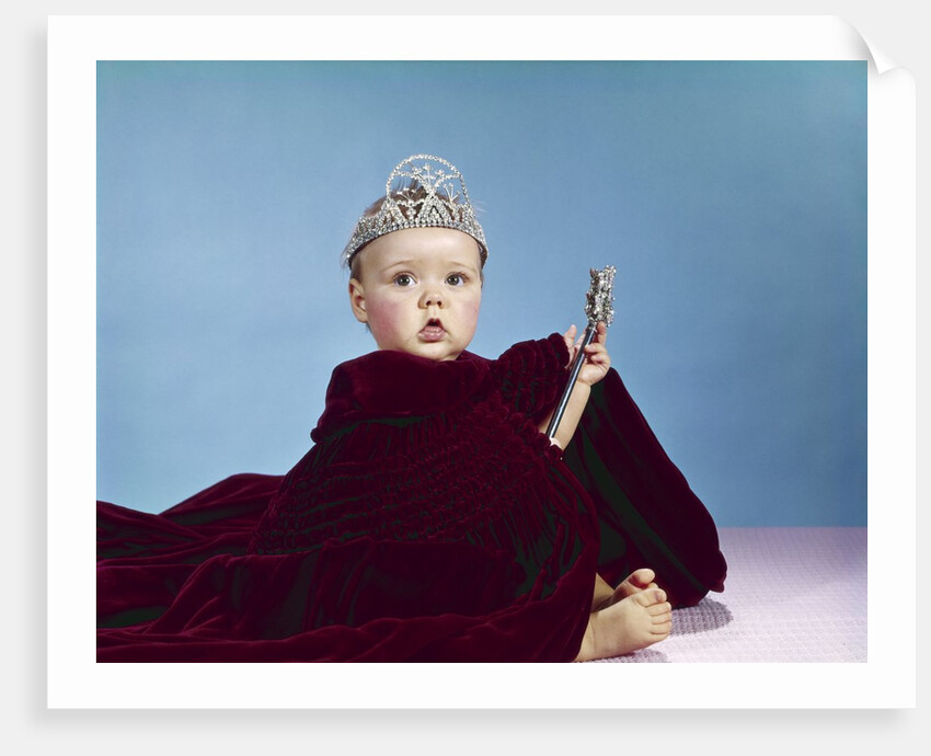 1960s Baby Dressed As Royal Queen Velvet Robe Cloak Cape Rhinestone Tiara Crown And Scepter Wand by Anonymous
