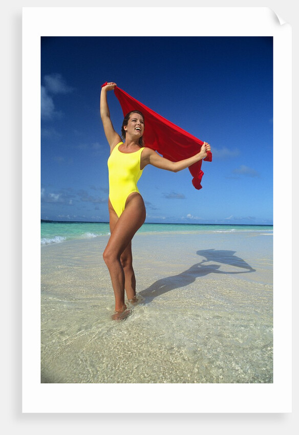 1990s Woman In Yellow Bathing Suit Holding Windblown Red Cloth Mopion Island, Grenadines, West Indies by Anonymous