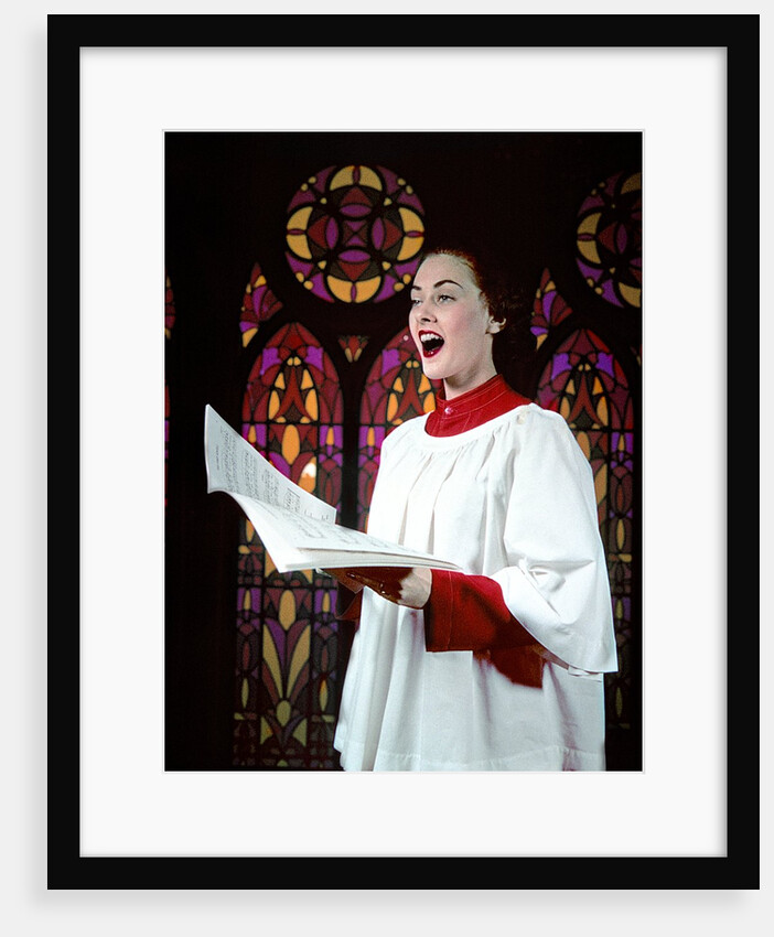 1950s Woman Singing Choir Robe Stained Glass Background by Anonymous