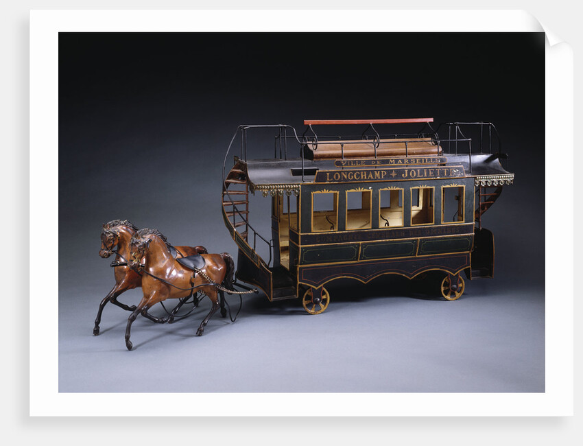 A magnificent early French hand painted tinplate horse drawn open double decker tram, with destination boards by Anonymous
