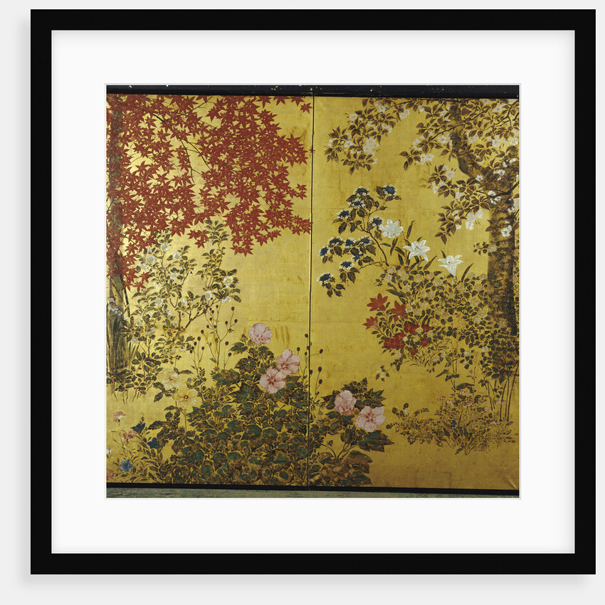 A two leaf Japanese screen on gold paper with maple branches, camellias, hydrangeas, cherry flowers, lilies and other flowers by Anonymous