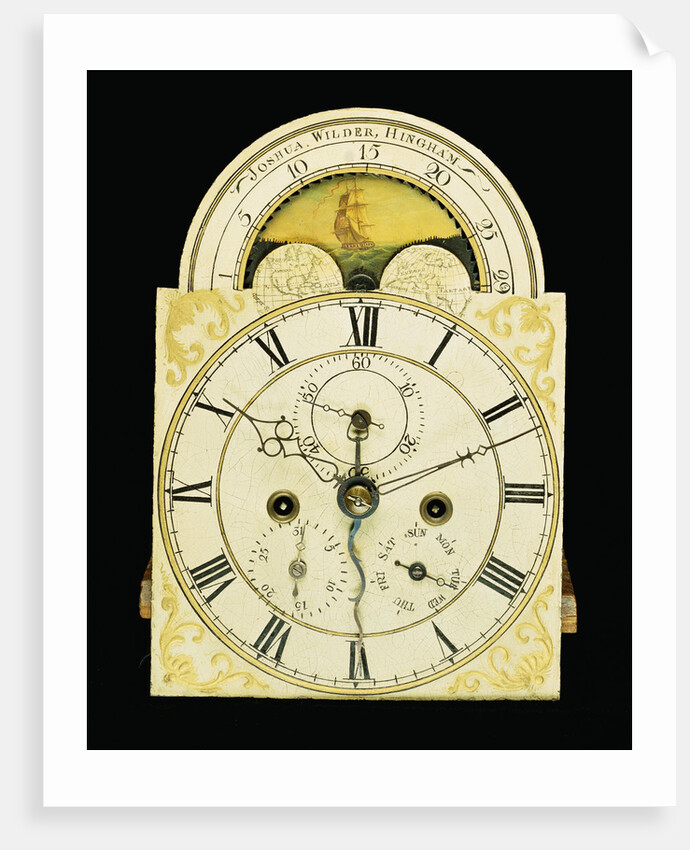 Detail of a federal mahogany dwarf tall-case clock by Joshua Wilder