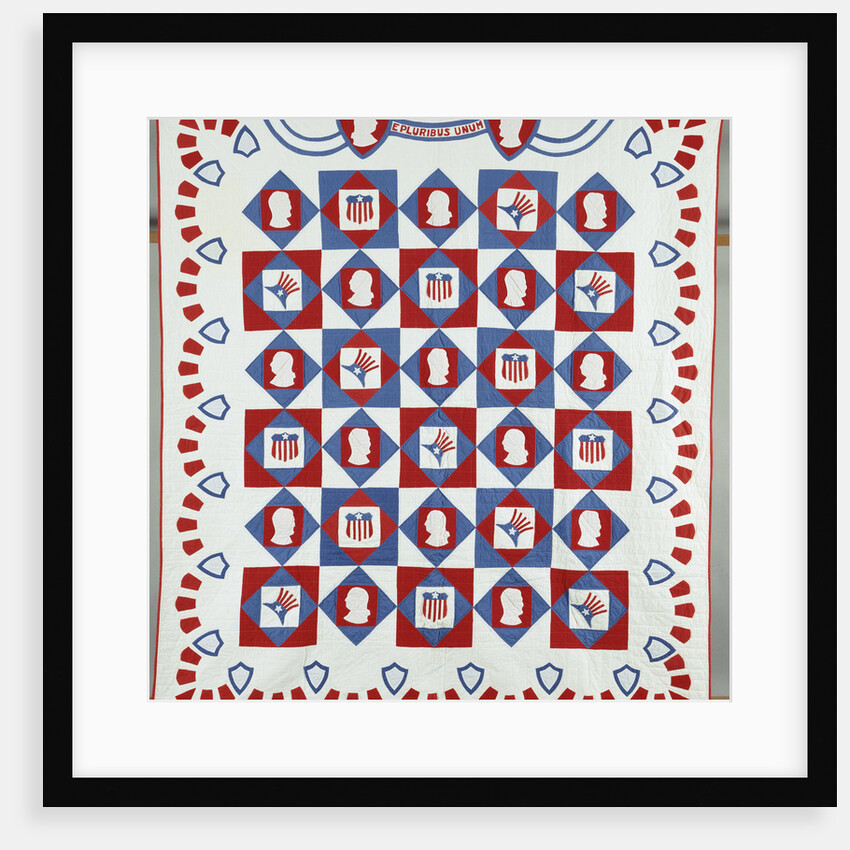 'Out of Many, One', 'E Pluribus Unum', national motto coverlet, depicting the profiles of Presidents Lincoln and Washington by Anonymous