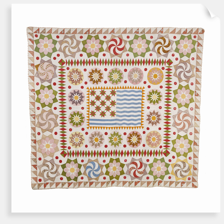American pieced and appliqued cotton quilted coverlet by Anonymous
