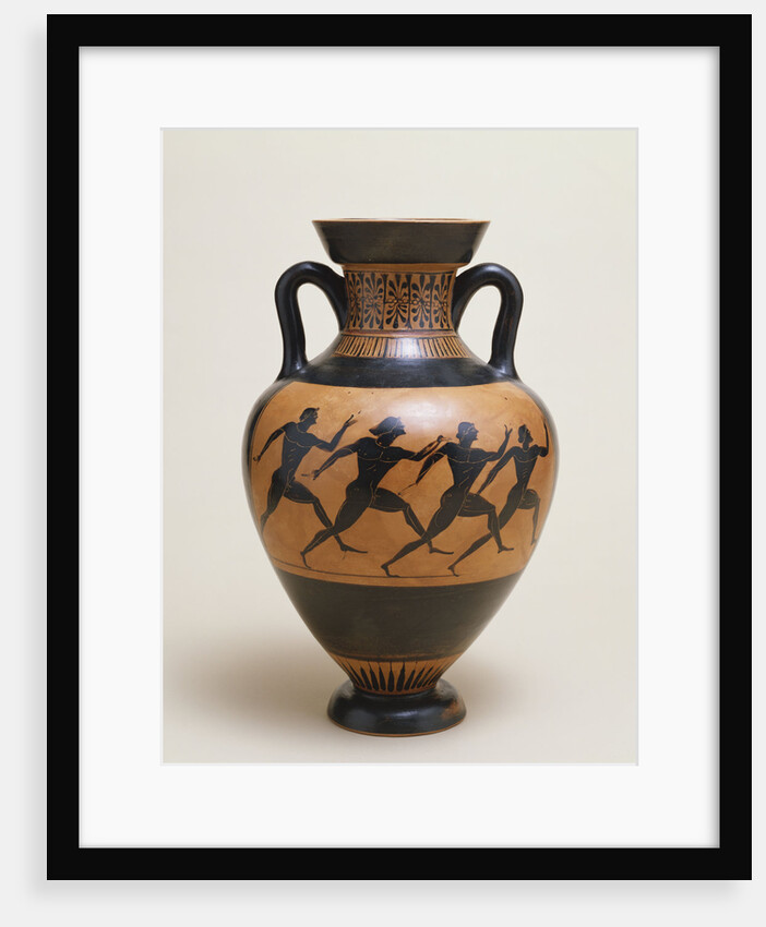 An Attic black-figure amphora of panathenaic shape featuring four naked athletes sprinting to the right by Anonymous