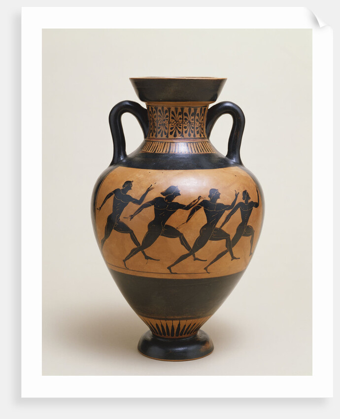 An Attic black-figure amphora of panathenaic shape featuring four naked athletes sprinting to the right by Anonymous