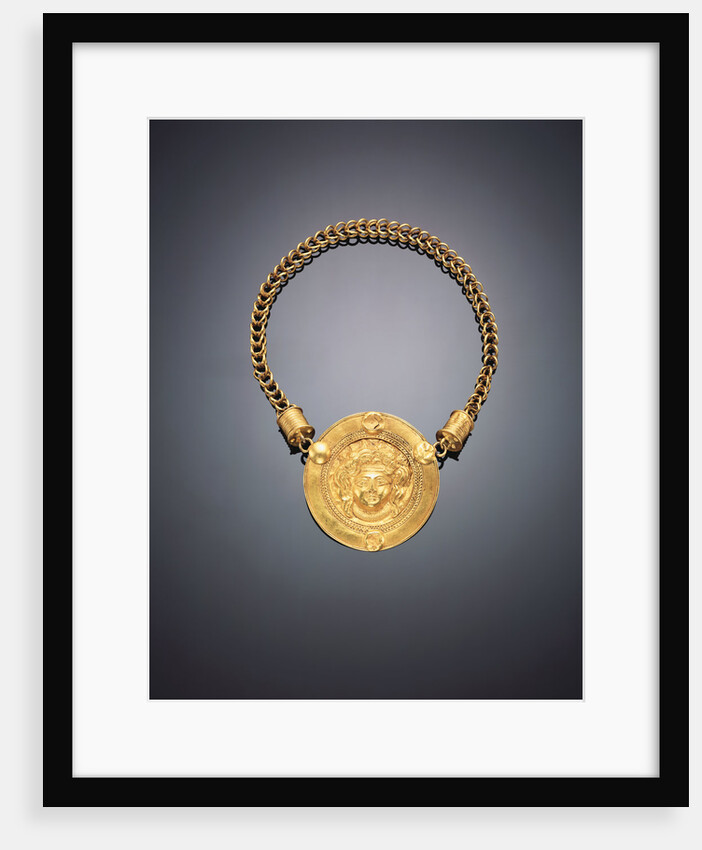 A Roman gold necklace, with a large central medallion featuring a repousse facing head of Medusa by Anonymous