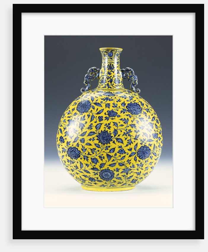 An underglaze blue and yellow enamelled moonflask with a peony and lotus pattern by Anonymous