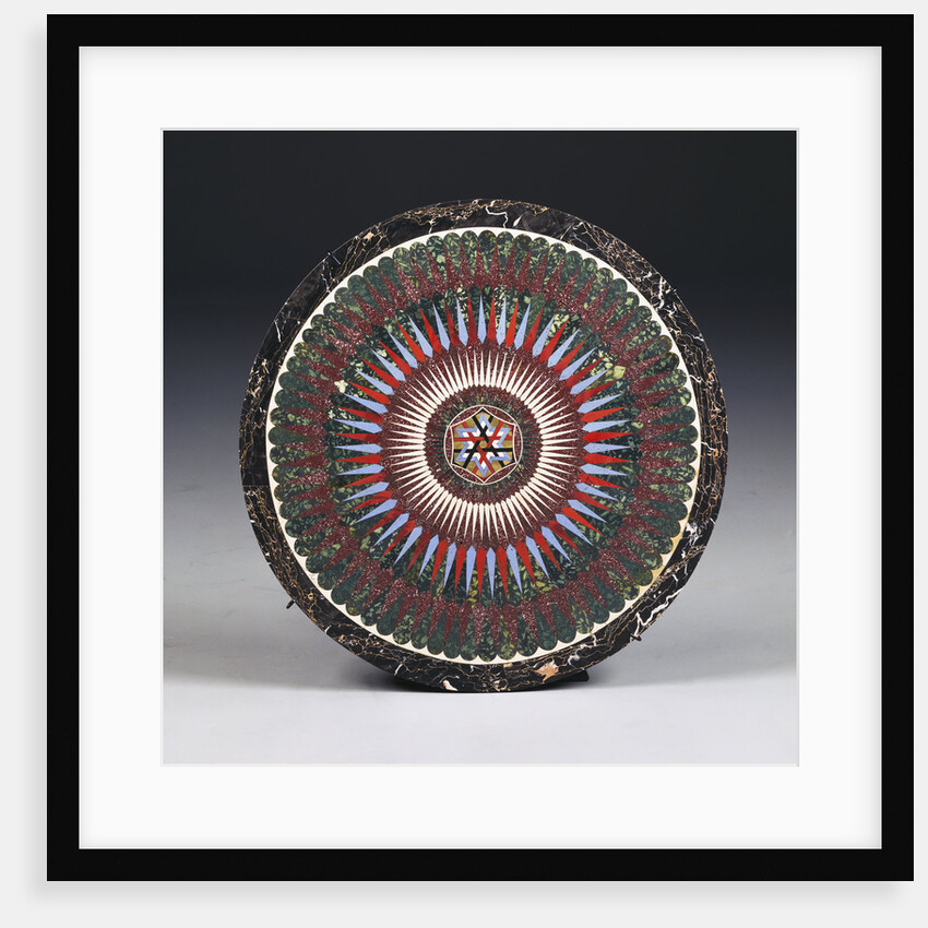 A Roman specimen marble and glass circular top by Francesco Sibilio, with central parcel-gilt concave-sided hexagonal strapwork motif by Anonymous