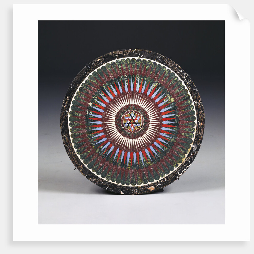 A Roman specimen marble and glass circular top by Francesco Sibilio, with central parcel-gilt concave-sided hexagonal strapwork motif by Anonymous