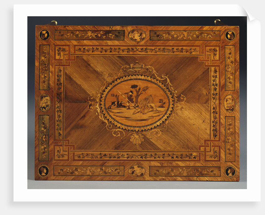 Detail of a North Italian ebony, olivewood, fruitwood and marquetry writing table by Anonymous