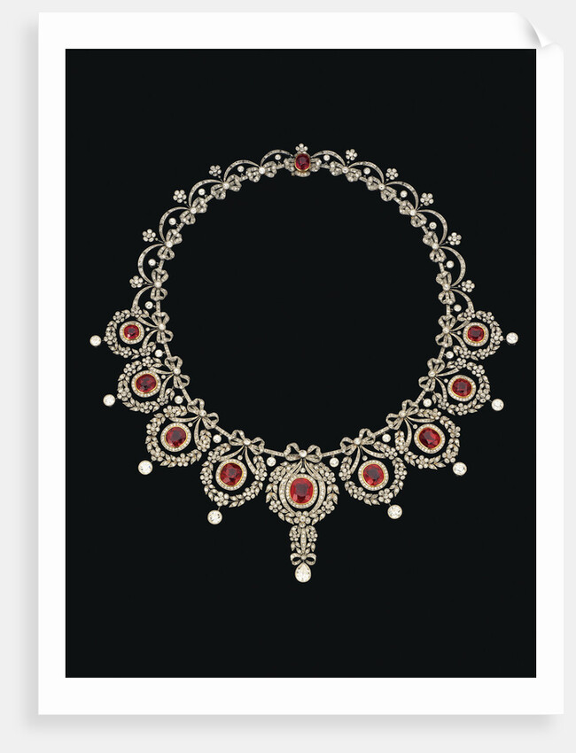 A Belle Epoque ruby and diamond necklace, the front section set with a row of nine graduated cusion-shaped ruby and diamond clusters by Anonymous