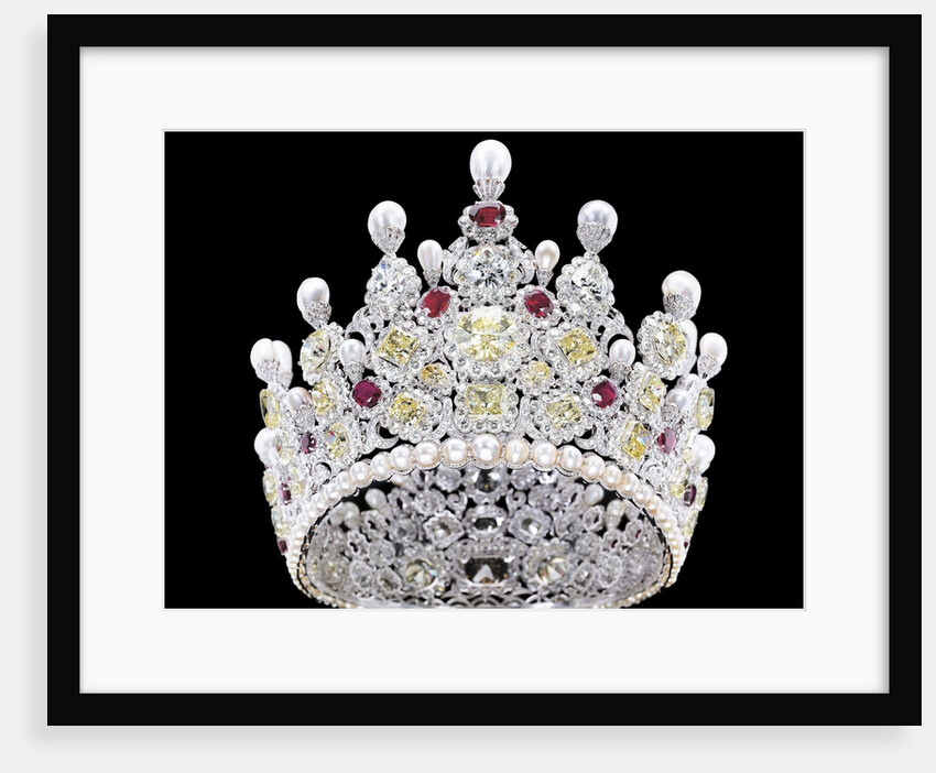 An extraordinary coloured diamond, diamond, natural pearl and ruby crown, mounted in platinum by Anonymous