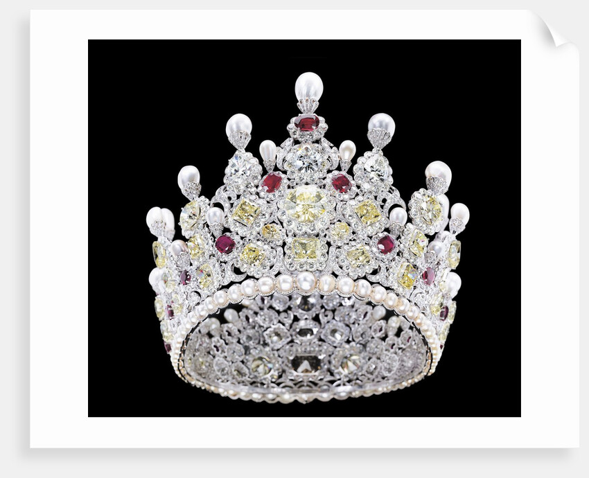 An extraordinary coloured diamond, diamond, natural pearl and ruby crown, mounted in platinum by Anonymous