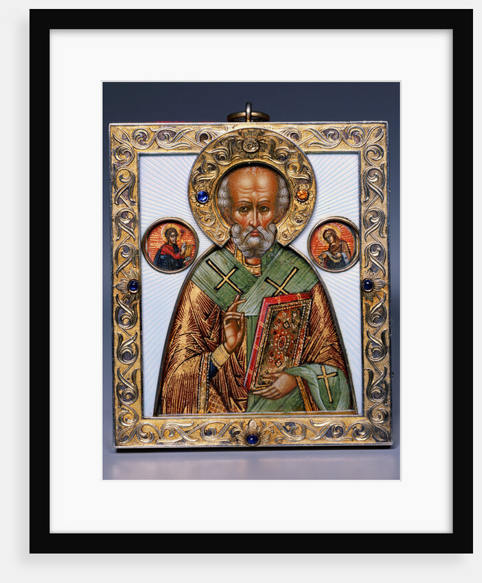 Faberge jewelled silver-gilt and guilloch enamel icon of Saint Nicholas by Anonymous