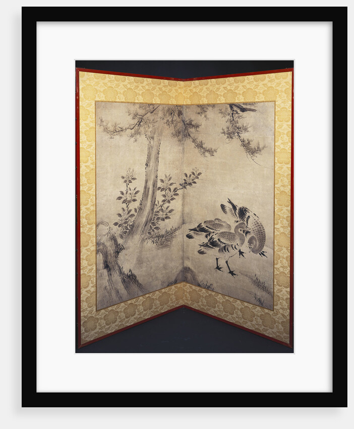 Three Ducks on a Riverbank of Pine and Scattered Flowers by Anonymous