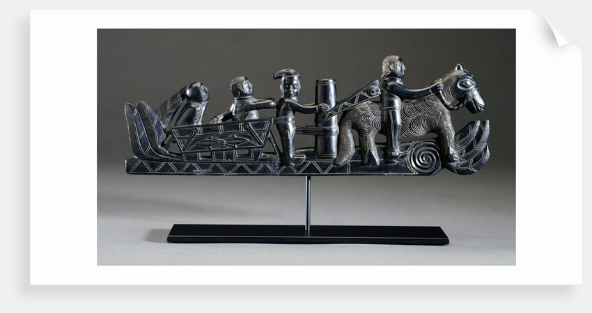 A Haida argillite ship pipe depicting a ship, an equestrian scene and various scroll and foliate motifs by Anonymous