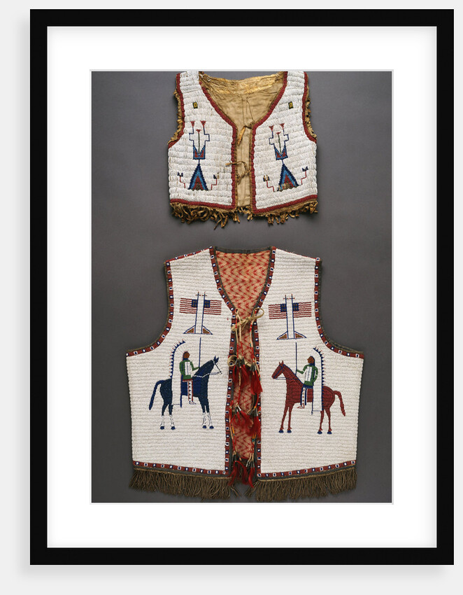 A Plains beaded hide child's vest and a Sioux pictorial beaded vest by Anonymous