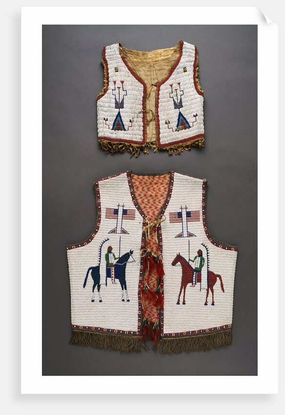 A Plains beaded hide child's vest and a Sioux pictorial beaded vest by Anonymous