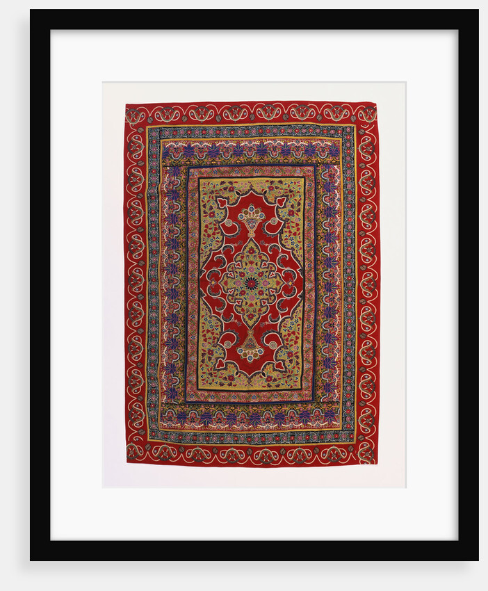 A hanging of red wool facecloth applied and embroidered with a Floral ogival medallion of pale green wool by Anonymous