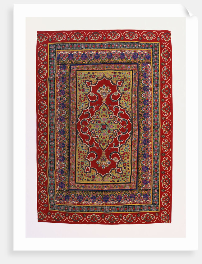 A hanging of red wool facecloth applied and embroidered with a Floral ogival medallion of pale green wool by Anonymous