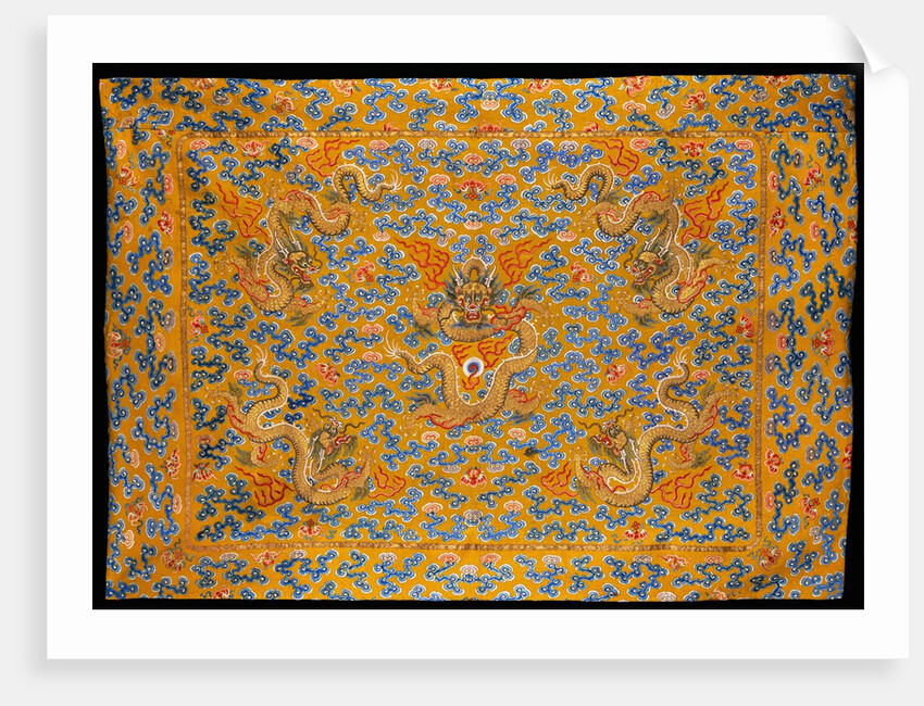 Chinese Kang cover of yellow facecloth, with five dragons in gilt thread among clouds by Anonymous