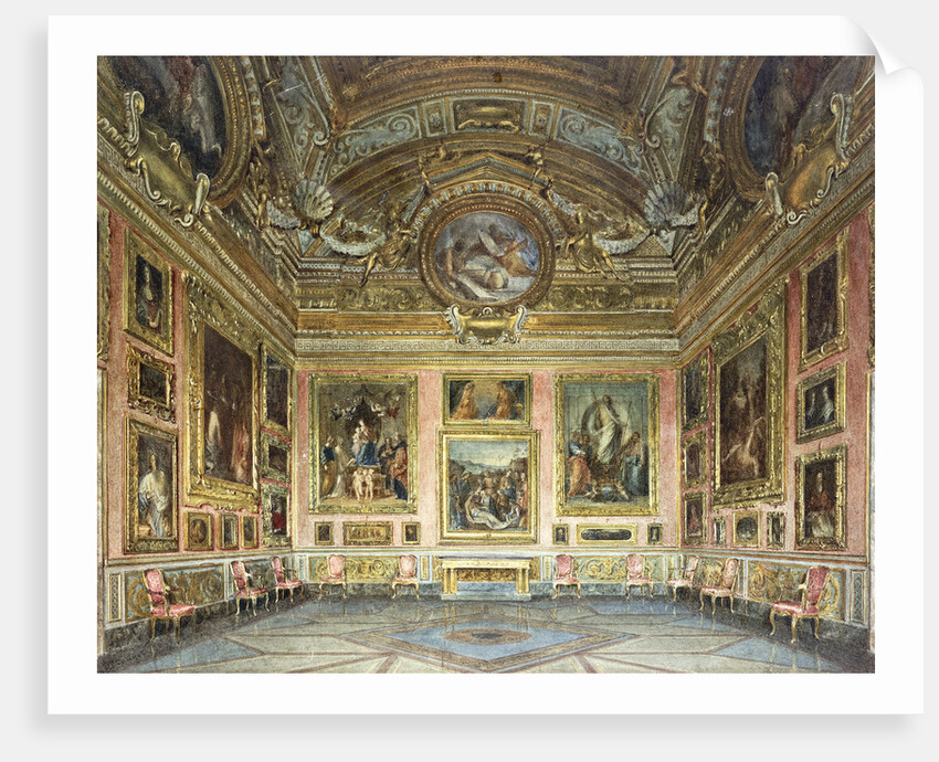 Interiors of the Palazzo Pitti, Florence: The Sala di Saturno with Perugino's 'Lamentation' flanked by paintings by Fra Bartolommeo and Raphael by Domenica Caligo by Anonymous