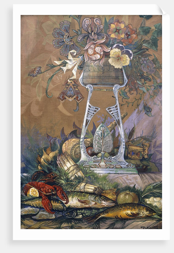 Flowers in a Vase on a Stand with Asparagus, Lobsters, Oysters and Fish by Dragutin Inkiostri-Medensak