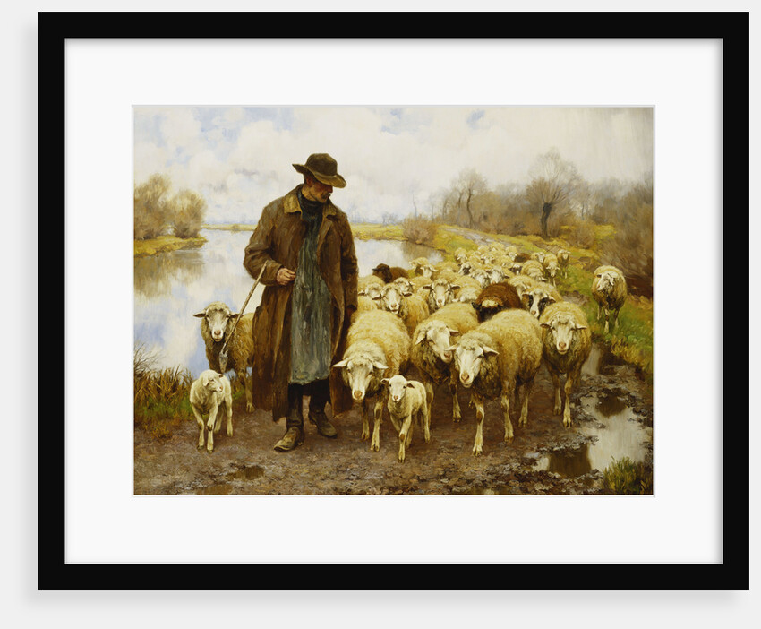 A Shepherd and Sheep by a Lake by Julius Hugo Bergmann