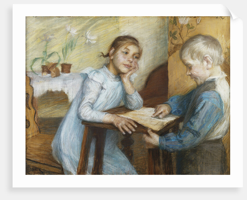 An Interior with a Boy Reading to a Girl by Maria Wiik