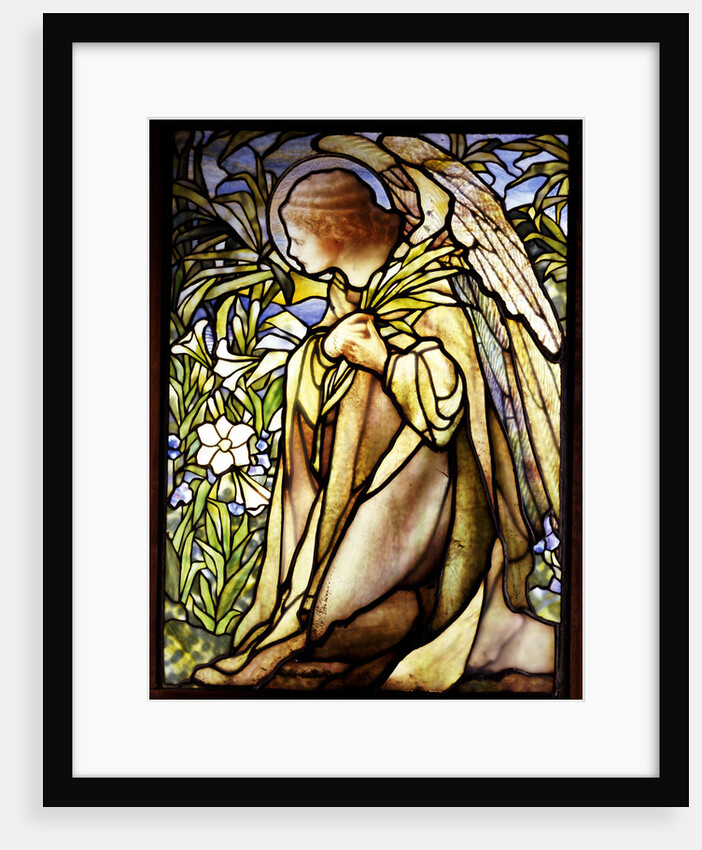 Tiffany Studios stained glass window of a kneeling angel by Anonymous