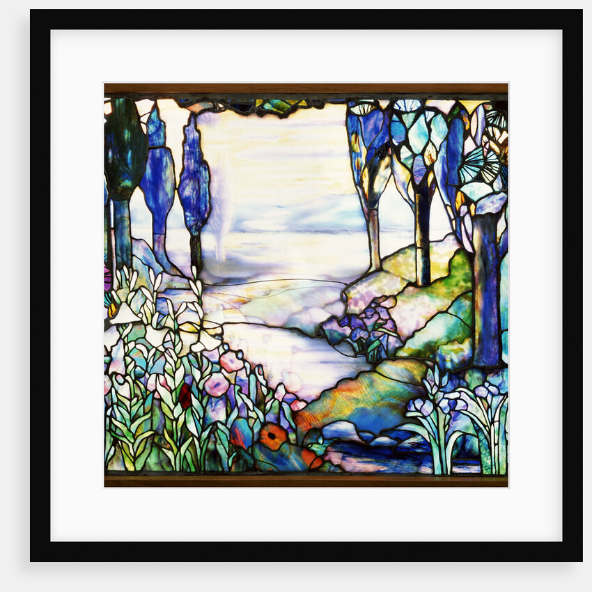 Tiffany Studios leaded glass landscape window by Anonymous