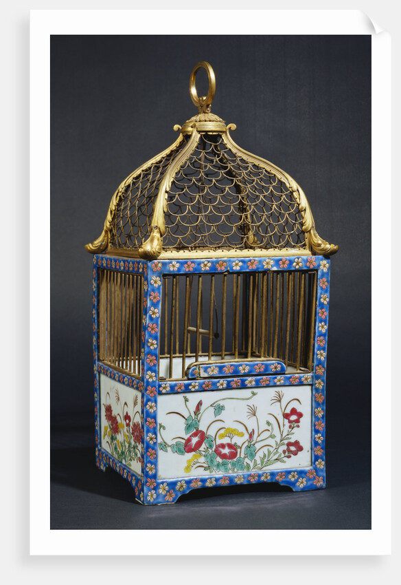 A Directoire ormolu and Chinese porcelain birdcage, the square domed surmounted by a handle by Anonymous