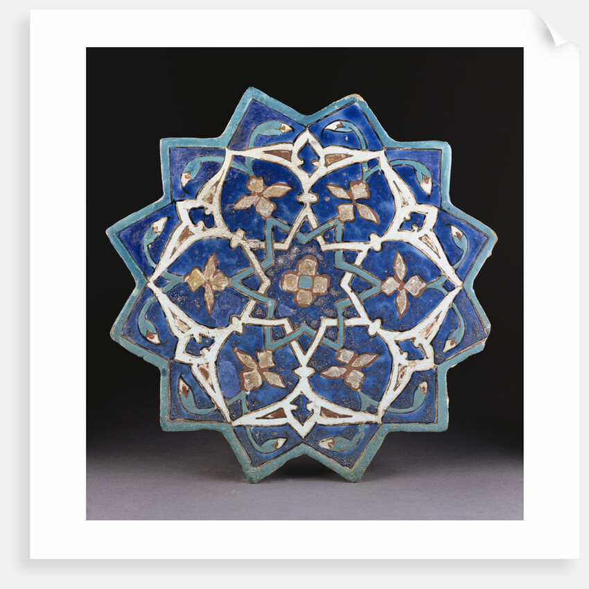 A Samarkand cuerda Seca stellar tile of twelve pointed form, the blue ground with a central turquoise and gold flower outlined in red by Anonymous